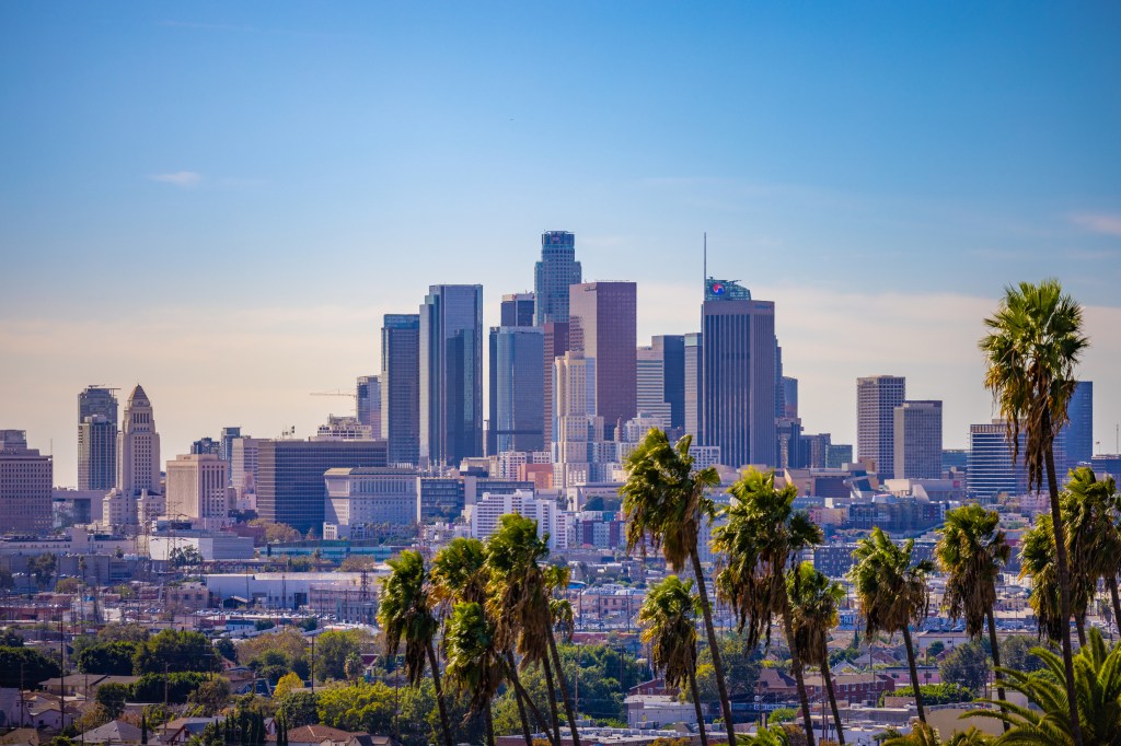 A view of downtown Los Angeles California with palm trees in the foreground